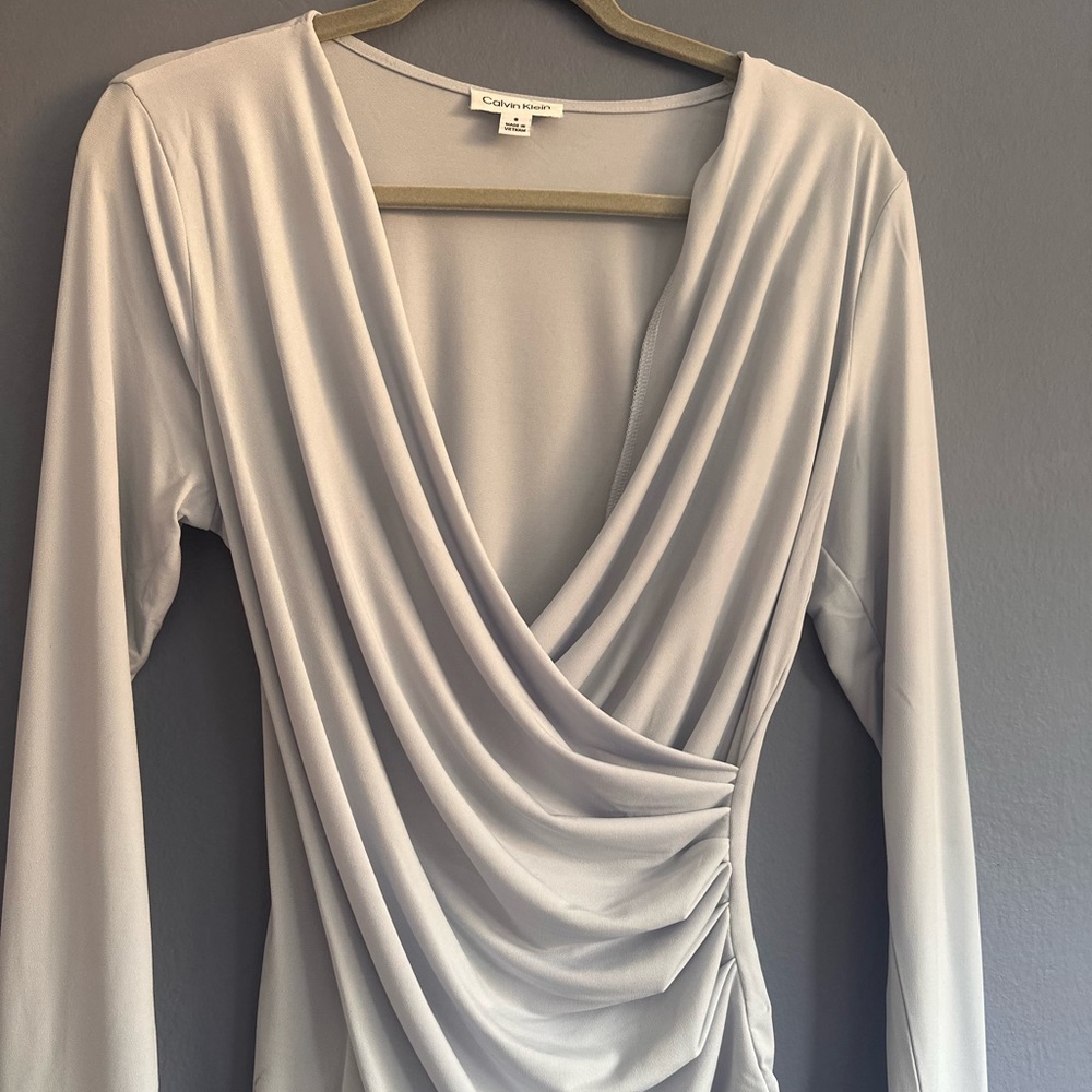 White Top V Neck long sleeve, wrap front top size M